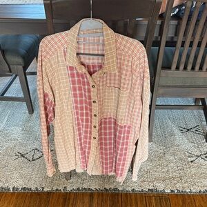 Plaid Button Down Shirt - Pink and Tan